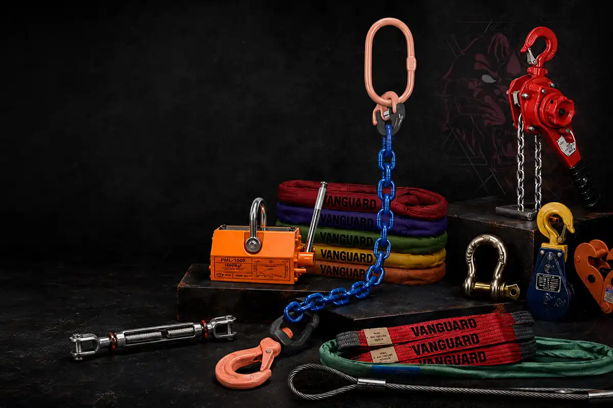 Industrial lifting, rigging and material handling hardware arranged for display