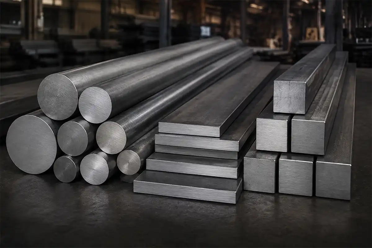 Round, flat and square specialty steel bars arranged inside an industrial warehouse