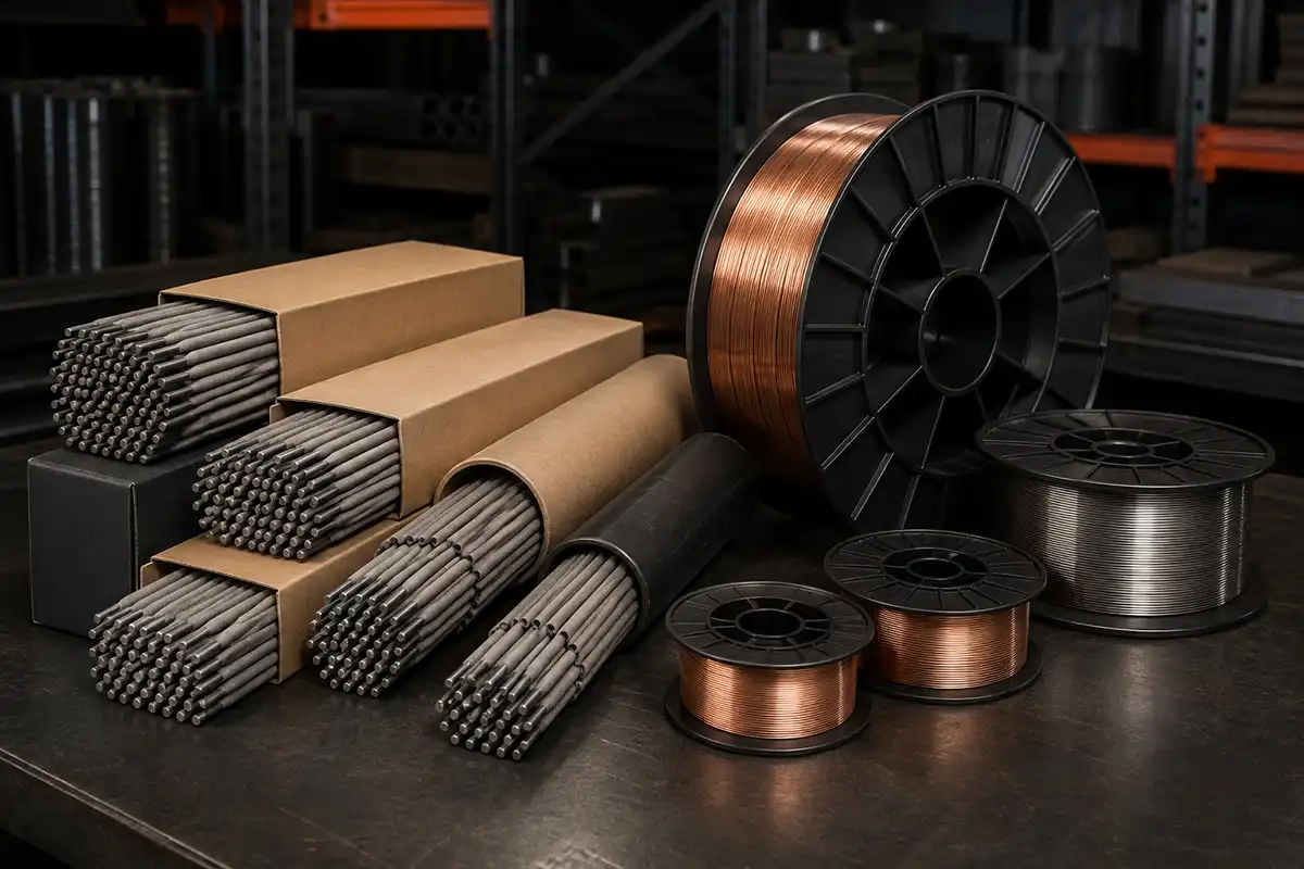 Stick welding electrodes and welding wire spools arranged inside an industrial warehouse