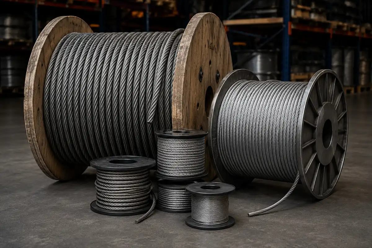 Steel wire rope and galvanized cable wound on industrial reels and spools inside a warehouse
