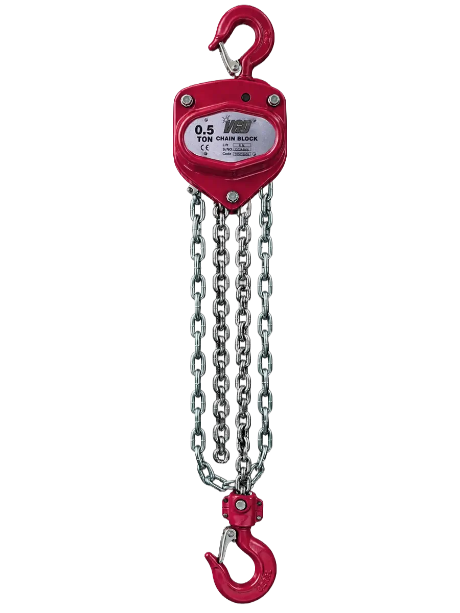 VQ Red Beast 0.5-ton manual chain hoist with Grade 100 load chain and rotating top and bottom hooks