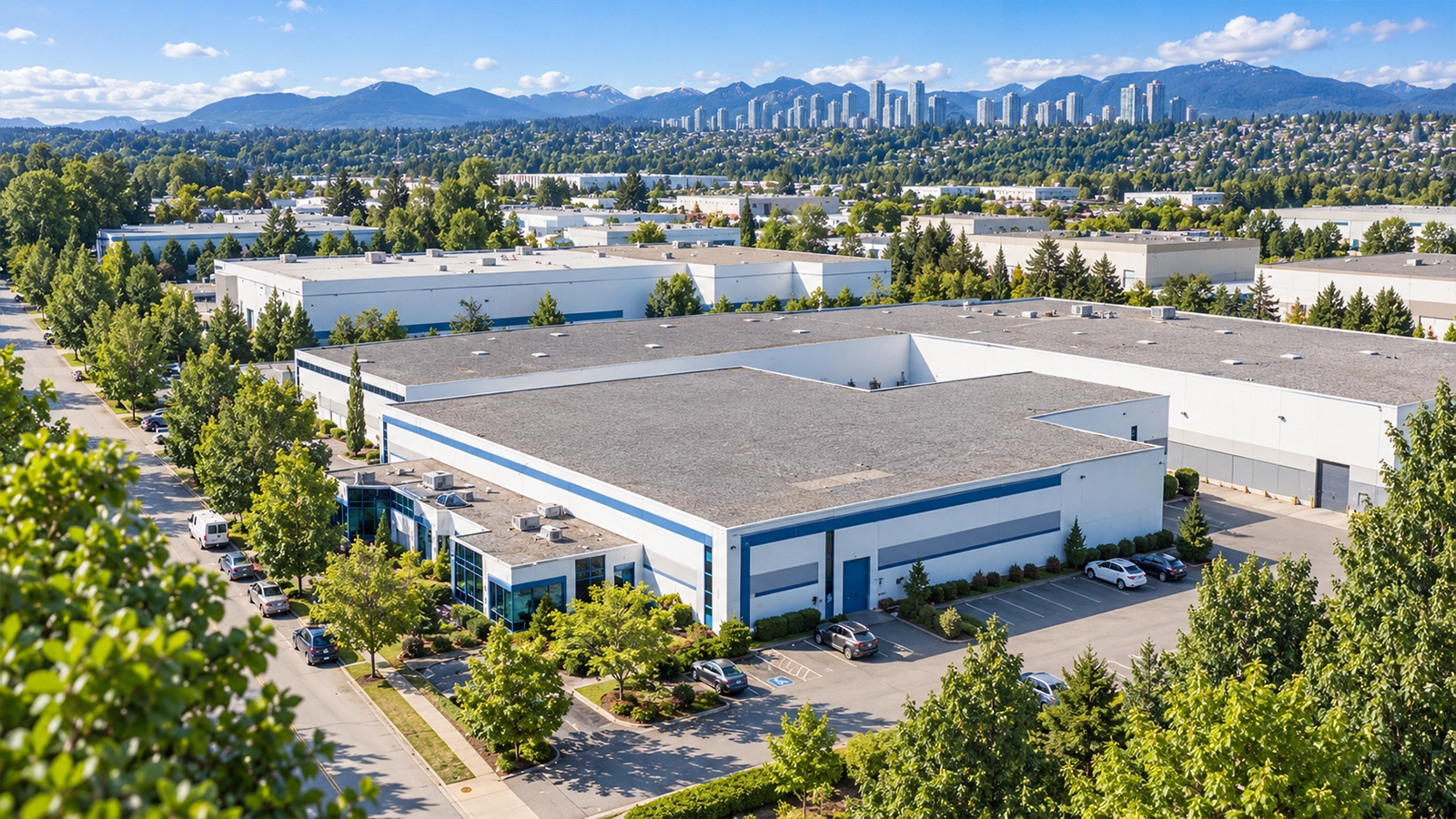 Aerial view of Vanguard Steel Vancouver in Burnaby, BC with the North Shore mountains in the background